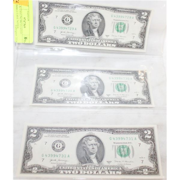 3 X $2 USA UNCIRCULATED CONSECUTAVE NOTES