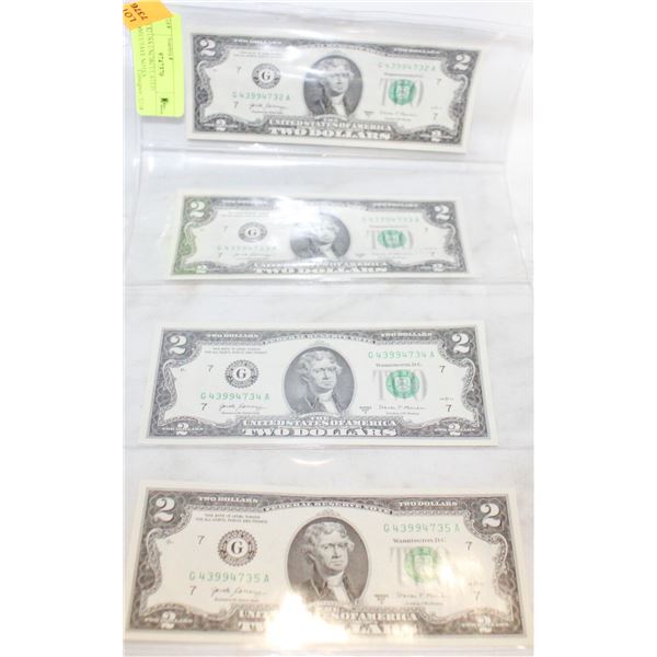 4 X $2 USA UNCIRCULATED CONSECUTAVE NOTES