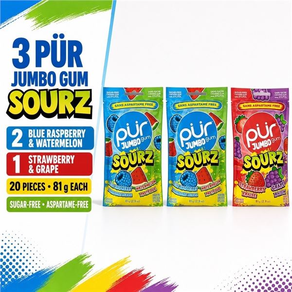 3 PUR JUMBO SOURZ GUM VARIETY PACKS