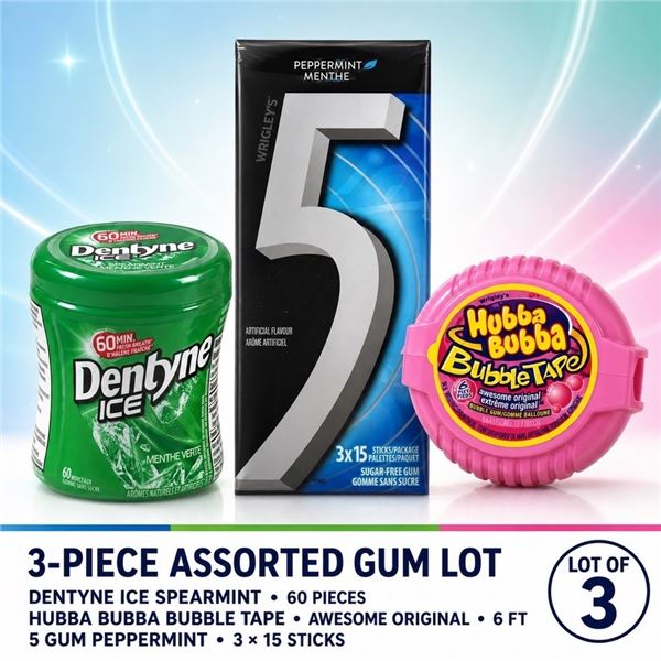 3 GUM PACKS DENTYNE, 5 & HUBBA BUBBA