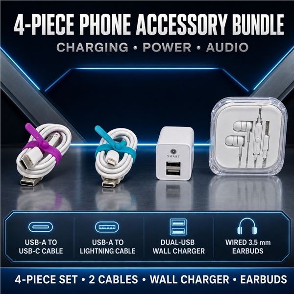 NEW 4 PIECE WHITE PHONE CHARGER & EARBUD SET