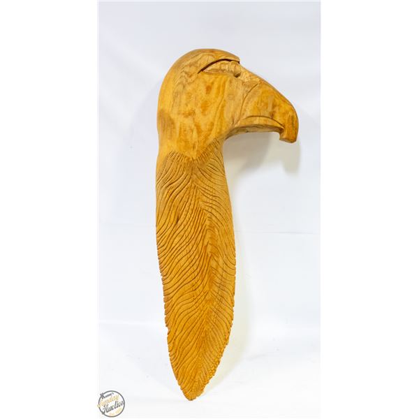 WOODEN CARVED EAGLE FACE SIGNED 'LEN' 2.5"X13"X30"
