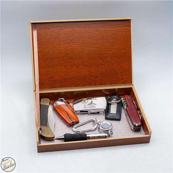 WOODEN STORAGE BOX WITH KNIFE, LIGHTER, BELT