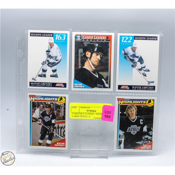 5 GRETZKY LEADER + HIGHLIGHTS CARDS WITH L.A.