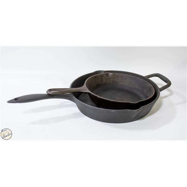 BOX W/ 2 CAST IRON FRYING PANS. LAGOSTINA ETC.