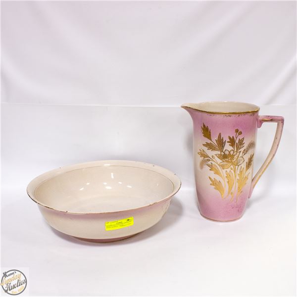 GILDED GOLD PITCHER AND WASH BASIN MARKED "SNOW"