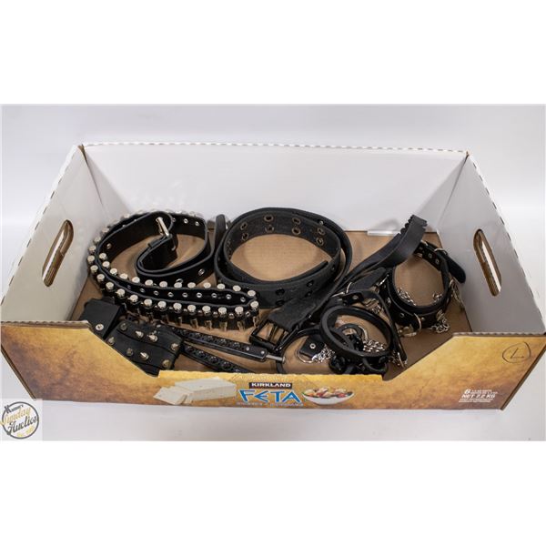 BOX WITH BLACK LEATHER BELTS, WRIST BANDS,