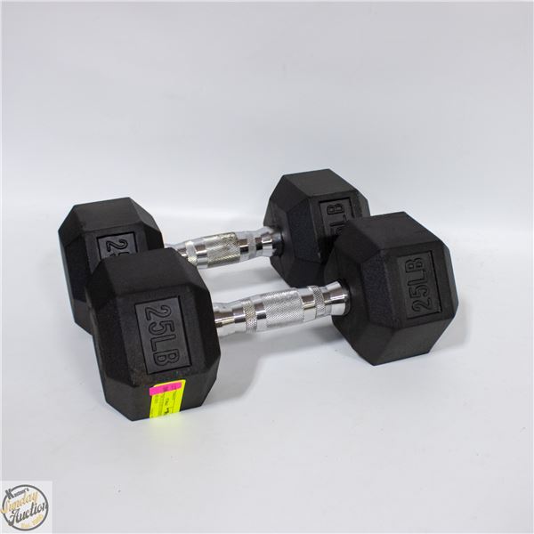 SET OF TWO 25 LB HEX DUMBBELLS - CHROME GRIPS