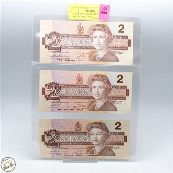 LOT OF 3 UNCIRCULATED TWO DOLLAR BILLS 1986