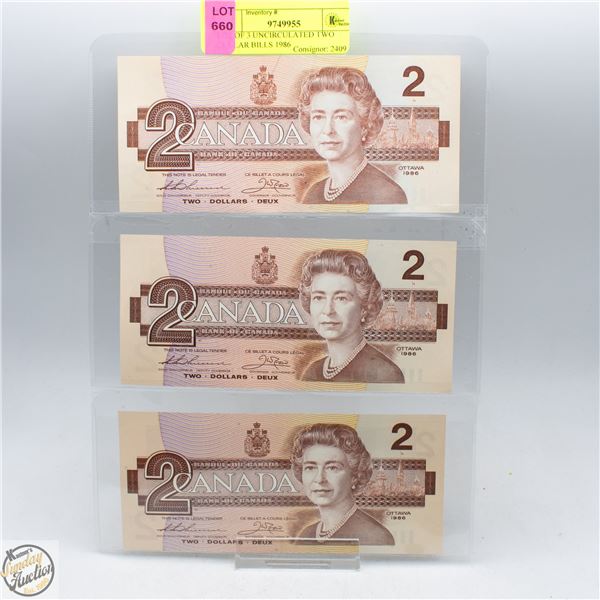 LOT OF 3 UNCIRCULATED TWO DOLLAR BILLS 1986