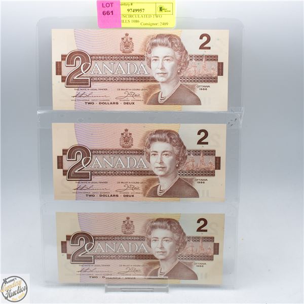 LOT OF 3 UNCIRCULATED TWO DOLLAR BILLS 1086