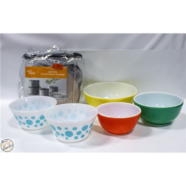 VINTAGE PYREX BOWLS+OTHERS WITH BOWL STORAGE BAGS