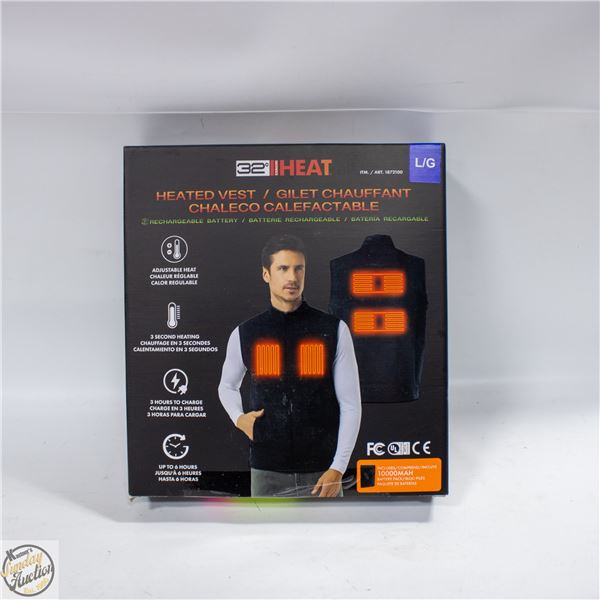 32 HEAT RECHARGEABLE HEATED VEST, SIZE LARGE