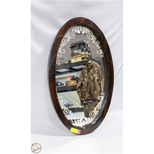 DARK WOOD OVAL MIRROR WITH DECORATIVE FLORAL
