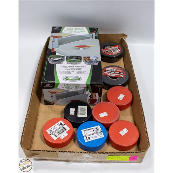 LOT OF HOCKEY PUCKS, HOCKEY TAPE, AND TABLETOP