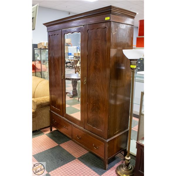 VINTAGE BRASS HANDLED OVERSIZED WOODEN WARDROBE
