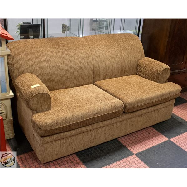 BROWN FABRIC LOVESEAT 63" X 35" X 33"