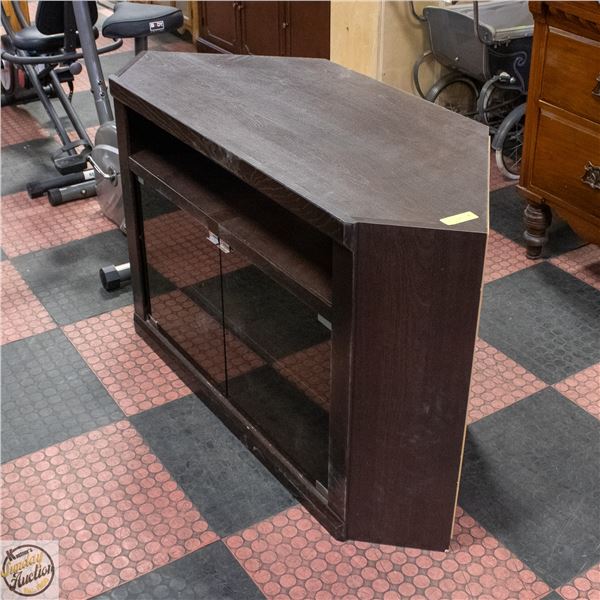 DARK WOOD MEDIA CONSOLE WITH GLASS CABINET