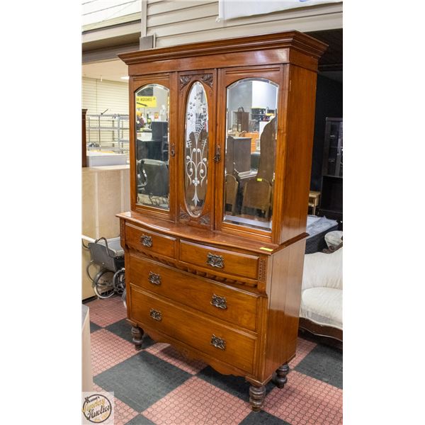 ETCHED GLASS CHINA CABINET WITH SKELETON KEY