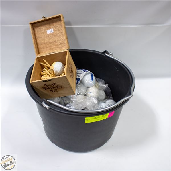 BUCKET OF GOLF BALLS AND GOLF TEES