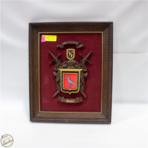 VINTAGE FRAMED DAOUST FAMILY COAT OF ARMS 14.5" X