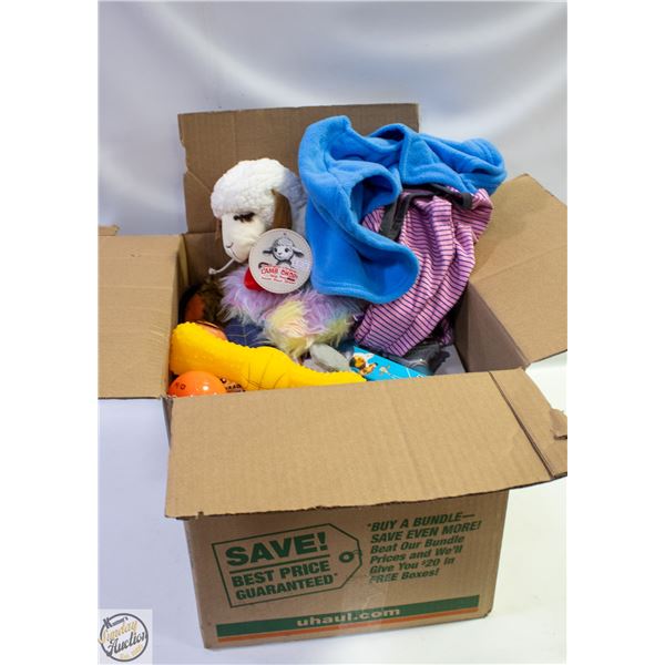 BOX LOT FULL OF PET TOYS AND PRODUCTS