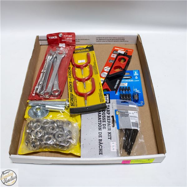 LOT OF NEW TOOLS AND HARDWARE INCLUDES TARP