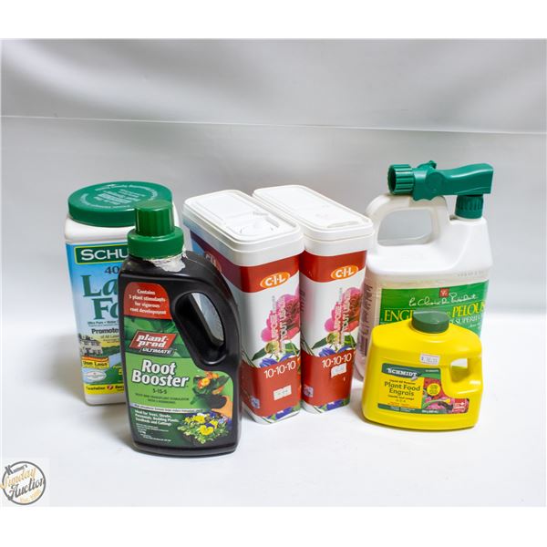 LOT OF GARDENING SUPPLIES INCLUDES FERTILIZER AND