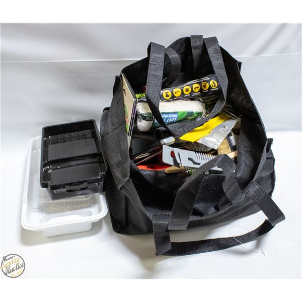 BAG OF PAINTING SUPPLIES INCLUDES TRAYS SANDPAPER