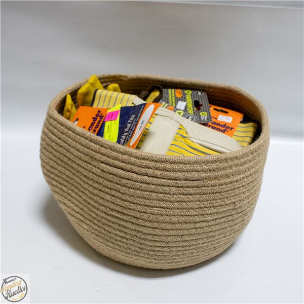 LOT OF NEW GLOVES IN WOVEN BASKET
