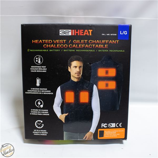 32 HEAT RECHARGEABLE HEATED VEST, SIZE LARGE