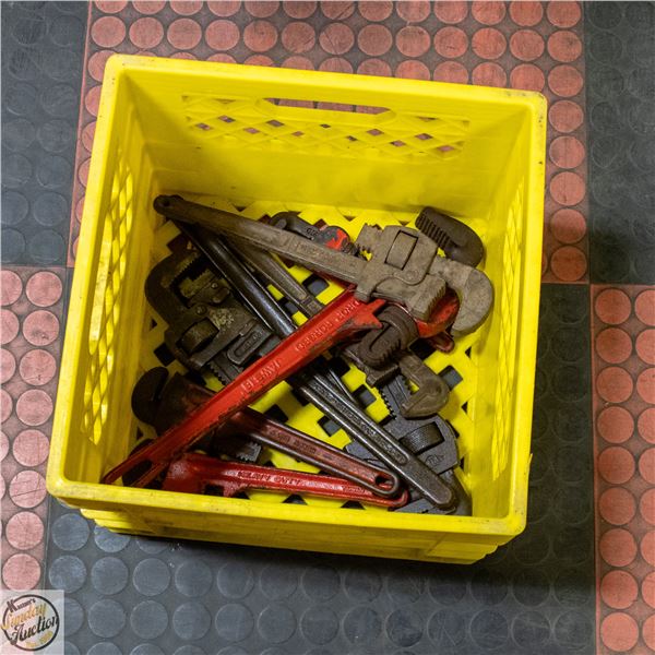 YELLOW CRATE W/8 VARIOUS PIPE WRENCHES