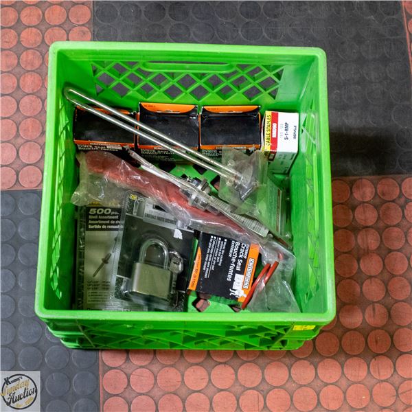 GREEN CRATE WITH VARIOUS GARAGE