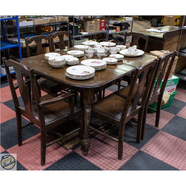 1929 ARTS+CRAFT DINING ROOM SET W/6 LEATHER CHAIRS