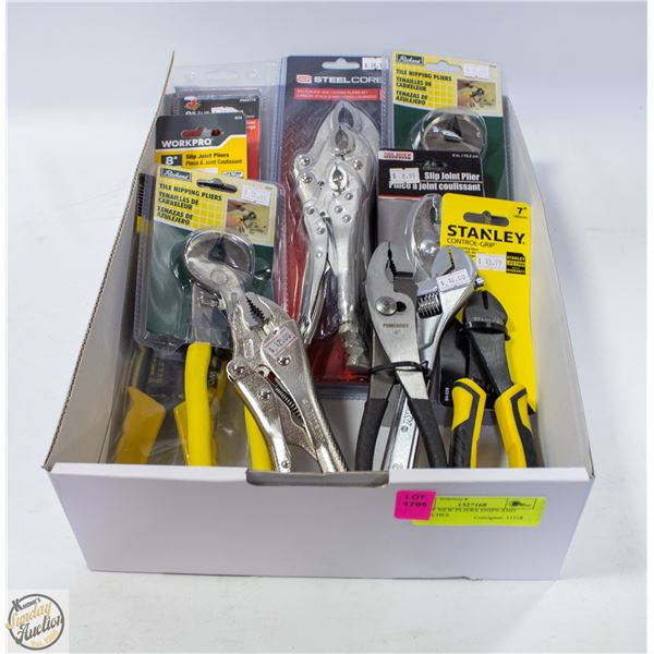 LOT OF NEW PLIERS SNIPS AND WRENCHES