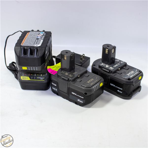 RYOBI 18V BATTERIES (3) + CHARGER (1)