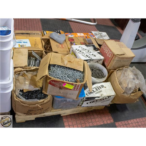PALLET OF UNSOLD STORE HARDWARE - NAILS, BOLTS ETC