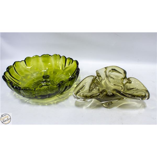 2 MID-CENTURY MODERN OLIVE-GREEN CRYSTAL