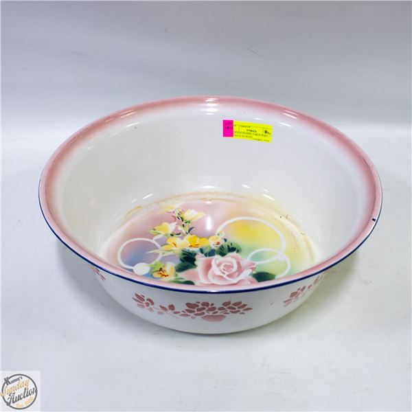 VINTAGE ENAMEL LARGE BOWL, ROSES & FLOWERS