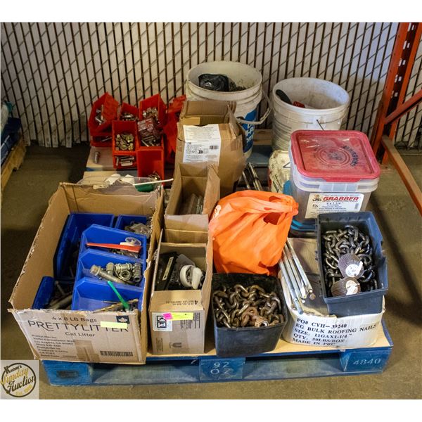 PALLET OF UNSOLD STORE HARDWARE - NAILS, BOLTS ETC