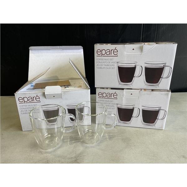 SET OF 6 NEW EPARE 12OZ COFFEE MUG SET, DUAL WALL INSULATED GLASS RETAIL $54 EACH, 3 SETS OF 2, TOTA