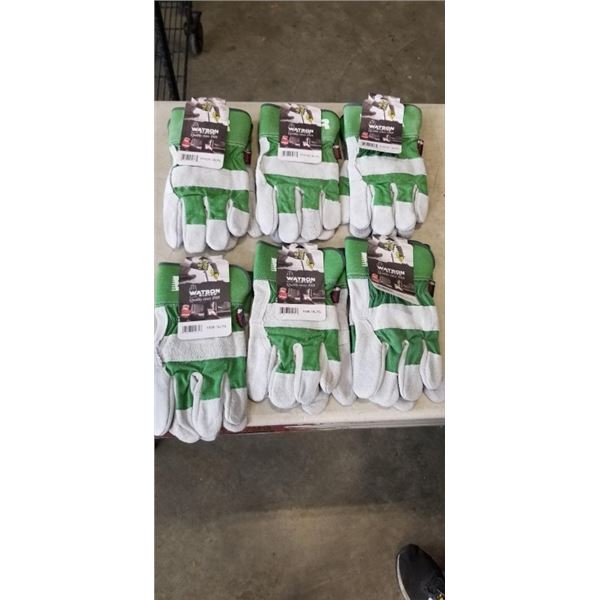 6 NEW PAIRS WATSON XL GLOVES. 3 PAIRS LINED, 3 PAIRS ARE WORK GLOVES