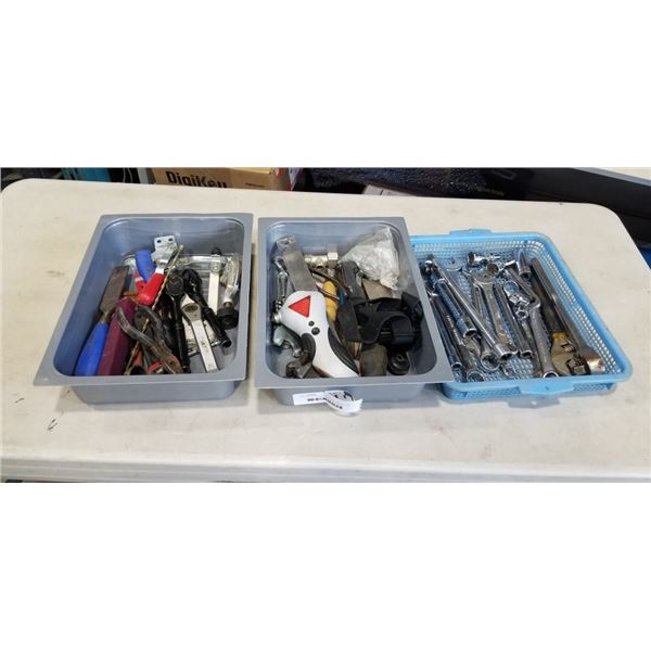 3 TRAYS OF TOOLS INCLUDING WRENCHES, RATCHET, PLIERS, SCRAPPERS ETC