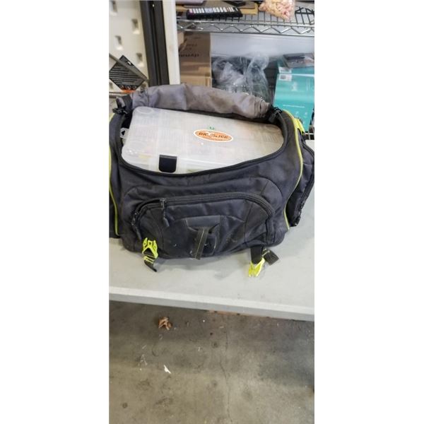 FISHING TACKLE BAG FULL OF ORGANIZERS CONTAING BAIT CASTING AND RIVER GEAR
