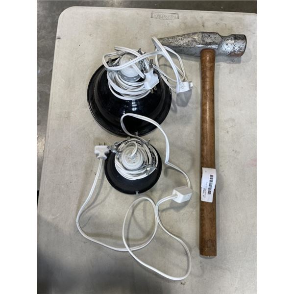 VINTAGE HANGING LIGHTS AND SLEDGE HAMMER
