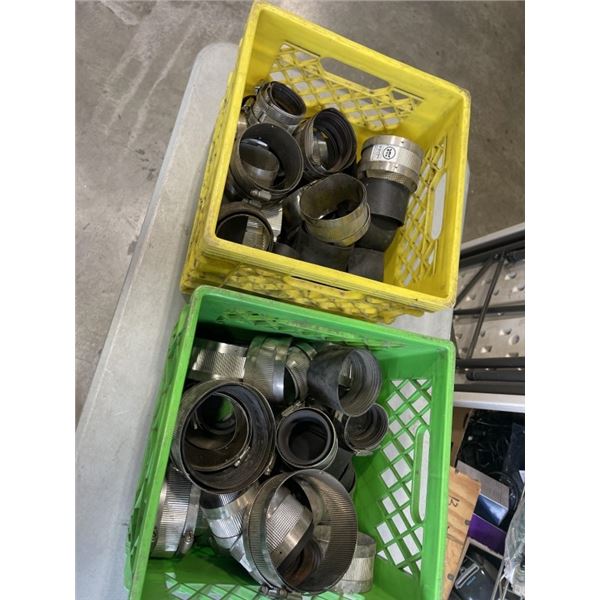 2 MILK CRATES OF PIPE COUPLINGS. VARIOUS SIZING