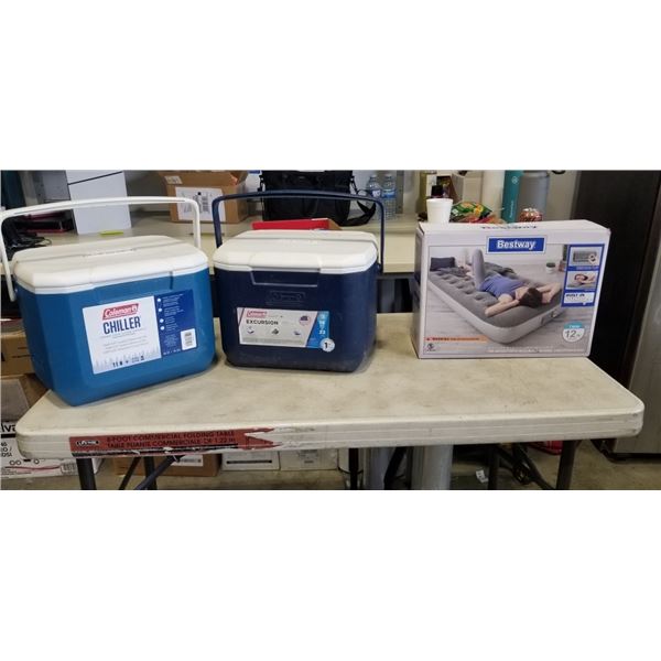 2 COLEMAN COOLERS AND BESTWAY AIR MATTRESS WITH BUILT IN PUMP