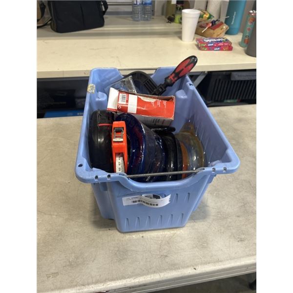 PLASTIC TOTE OF TOOLS INCLUDING STAPLERS, CHALK LINES, MEASURING TAPES, THERMOSTAT ETC
