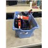 Image 1 : PLASTIC TOTE OF TOOLS INCLUDING STAPLERS, CHALK LINES, MEASURING TAPES, THERMOSTAT ETC