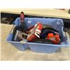 Image 2 : PLASTIC TOTE OF TOOLS INCLUDING STAPLERS, CHALK LINES, MEASURING TAPES, THERMOSTAT ETC